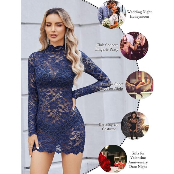 Womens Navy Blue Sheer Lace Long Sleeve Mini Dresses for Party outfit - Picture 5 of 5